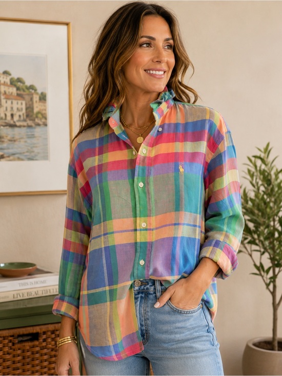 Ralph Lauren Tops - Ralph Lauren Ruffle Collar Pastel Multi-Color Plaid Button-Down Shirt